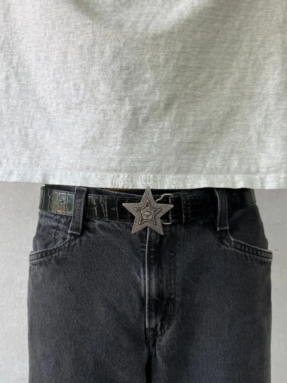 Black Crocodile Embossed Belt Silver Star Buckle